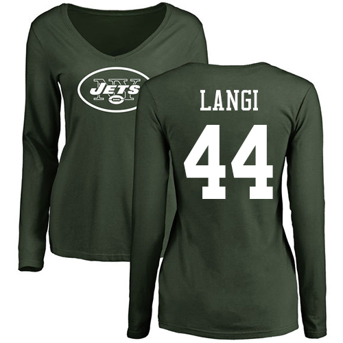 New York Jets Green Women Harvey Langi Name and Number Logo NFL Football #44 Long Sleeve T Shirt->nfl t-shirts->Sports Accessory
